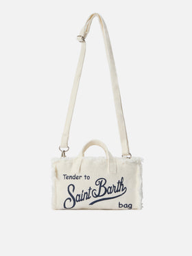 Borsa Phone micro in lino bianco tinta unita con logo a contrasto
