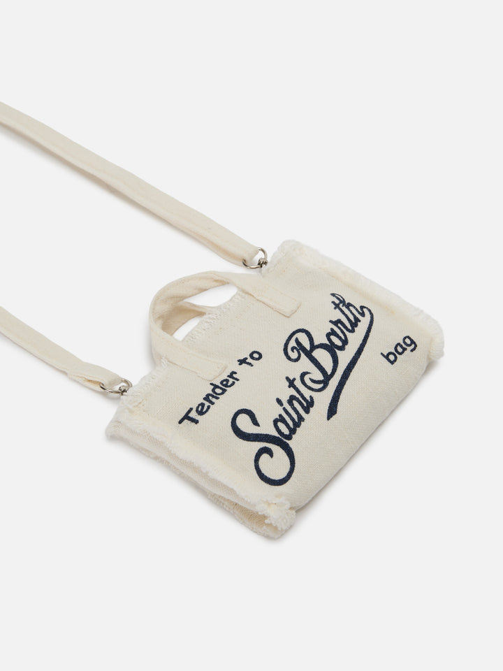 Borsa Phone micro in lino bianco tinta unita con logo a contrasto