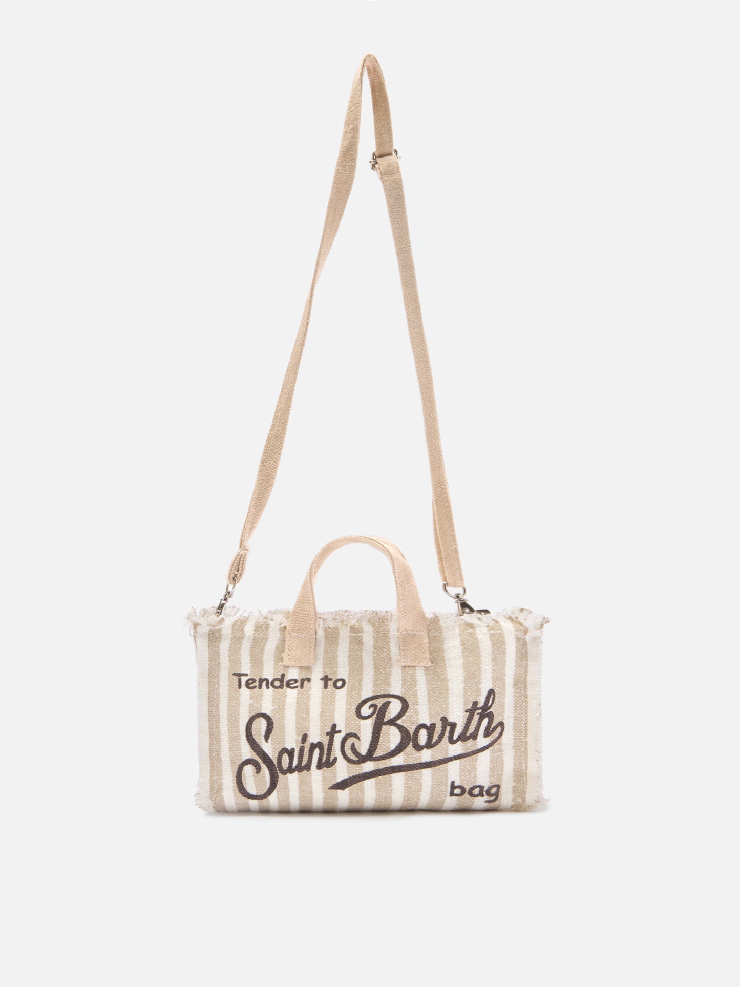 micro Phone linen bag with beige and white stripes and contrasting logo