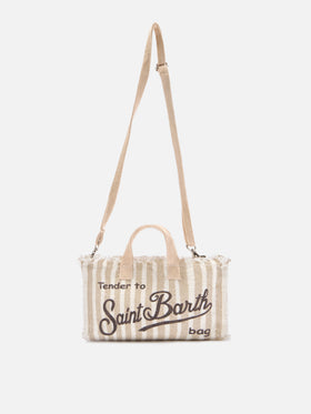 micro Phone linen bag with beige and white stripes and contrasting logo