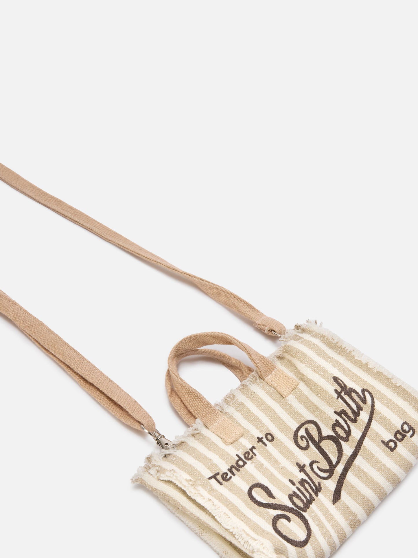 micro Phone linen bag with beige and white stripes and contrasting logo