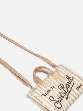 micro Phone linen bag with beige and white stripes and contrasting logo