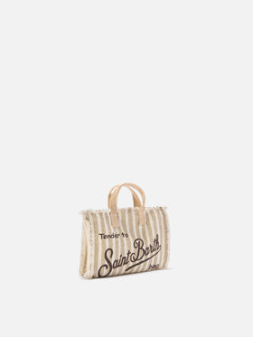 micro Phone linen bag with beige and white stripes and contrasting logo