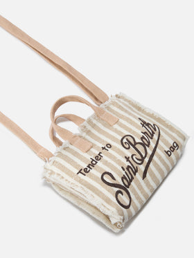 Borsa Phone micro in lino a righe beige e bianche con logo a contrasto