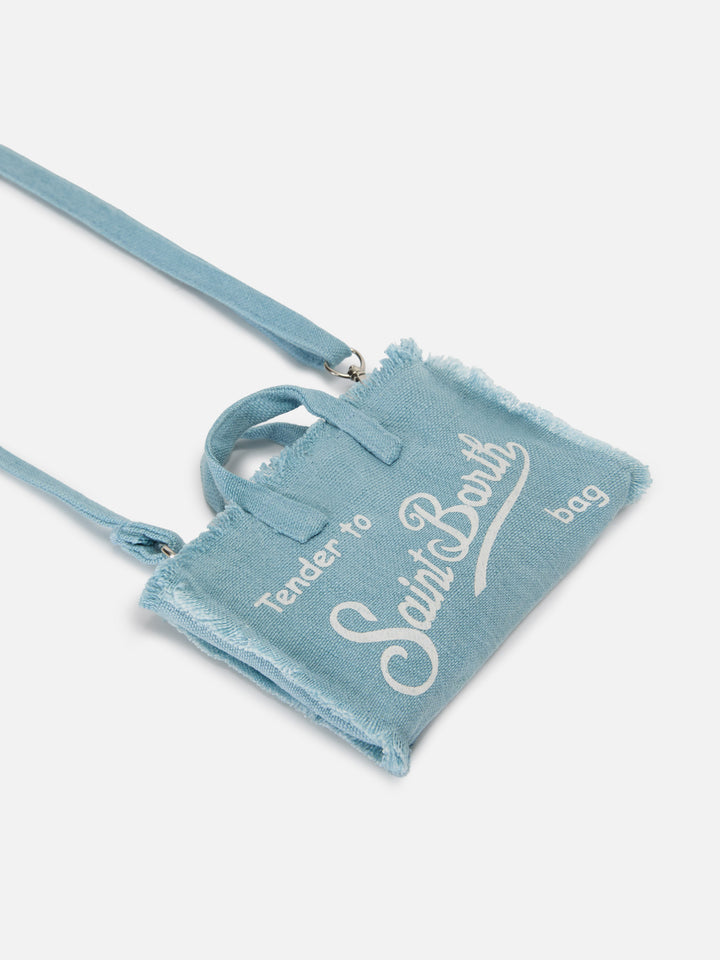 Borsa Phone micro in lino azzurro tinta unita con logo a contrasto