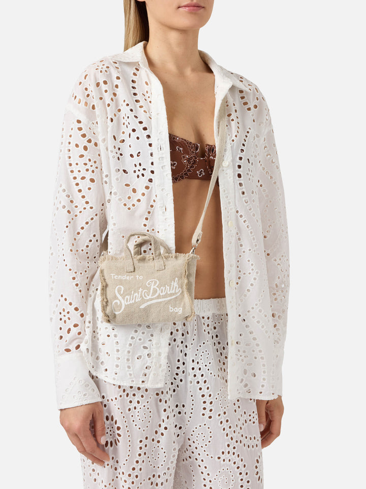 Borsa Phone micro in lino beige tinta unita con logo a contrasto