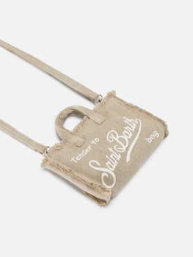 Borsa Phone micro in lino beige tinta unita con logo a contrasto