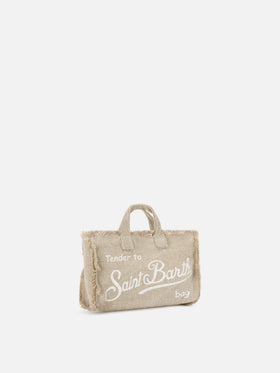 Borsa Phone micro in lino beige tinta unita con logo a contrasto