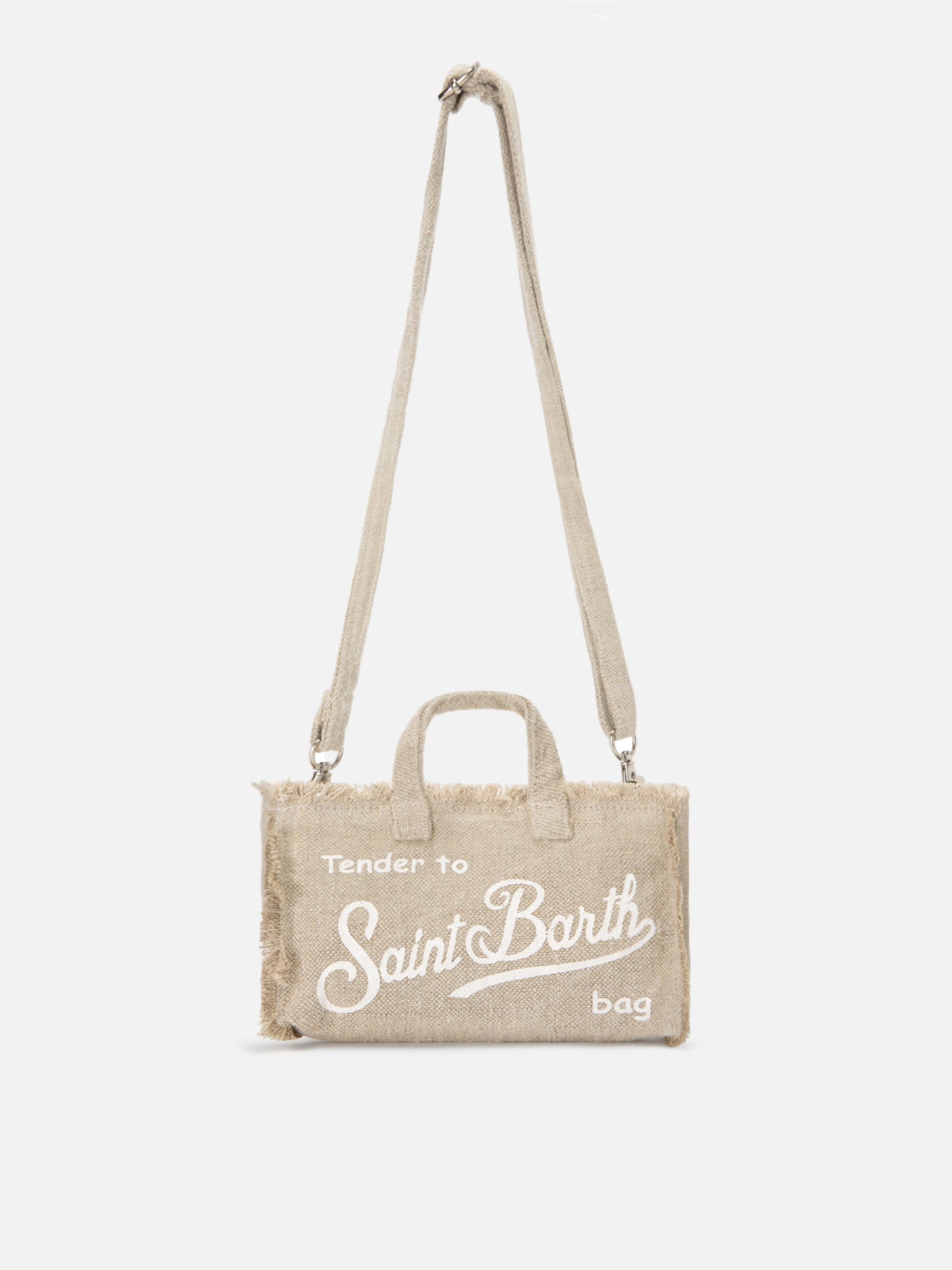 Borsa Phone micro in lino beige tinta unita con logo a contrasto