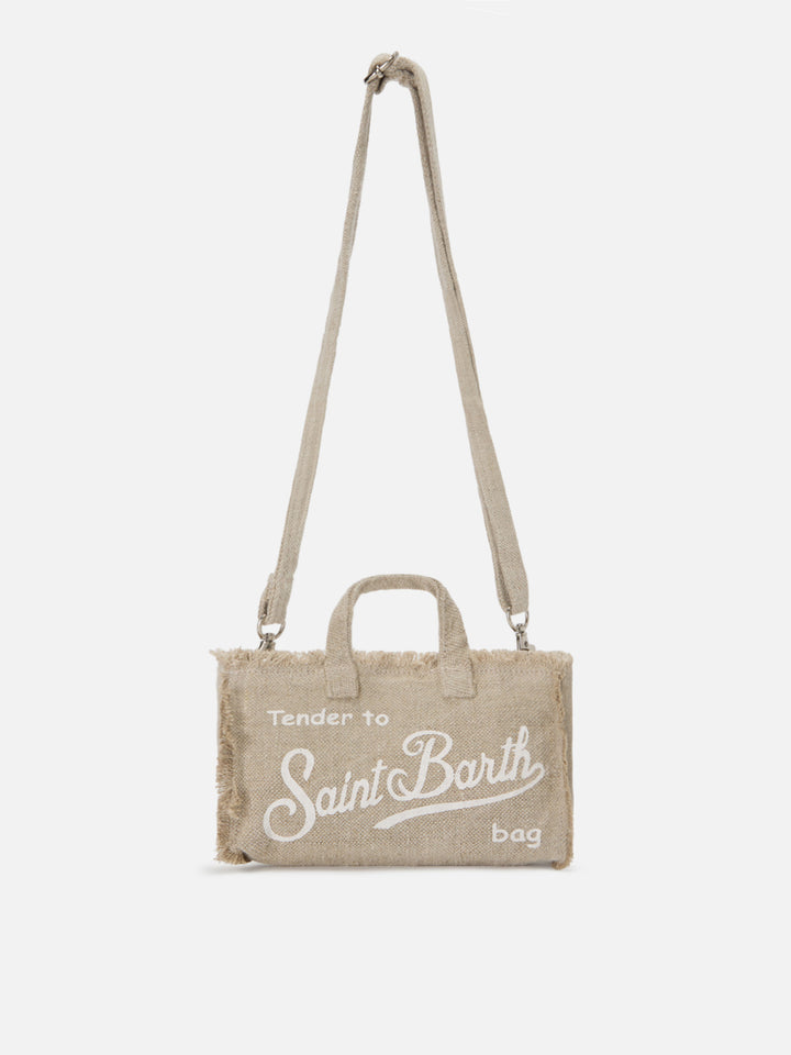 Borsa Phone micro in lino beige tinta unita con logo a contrasto