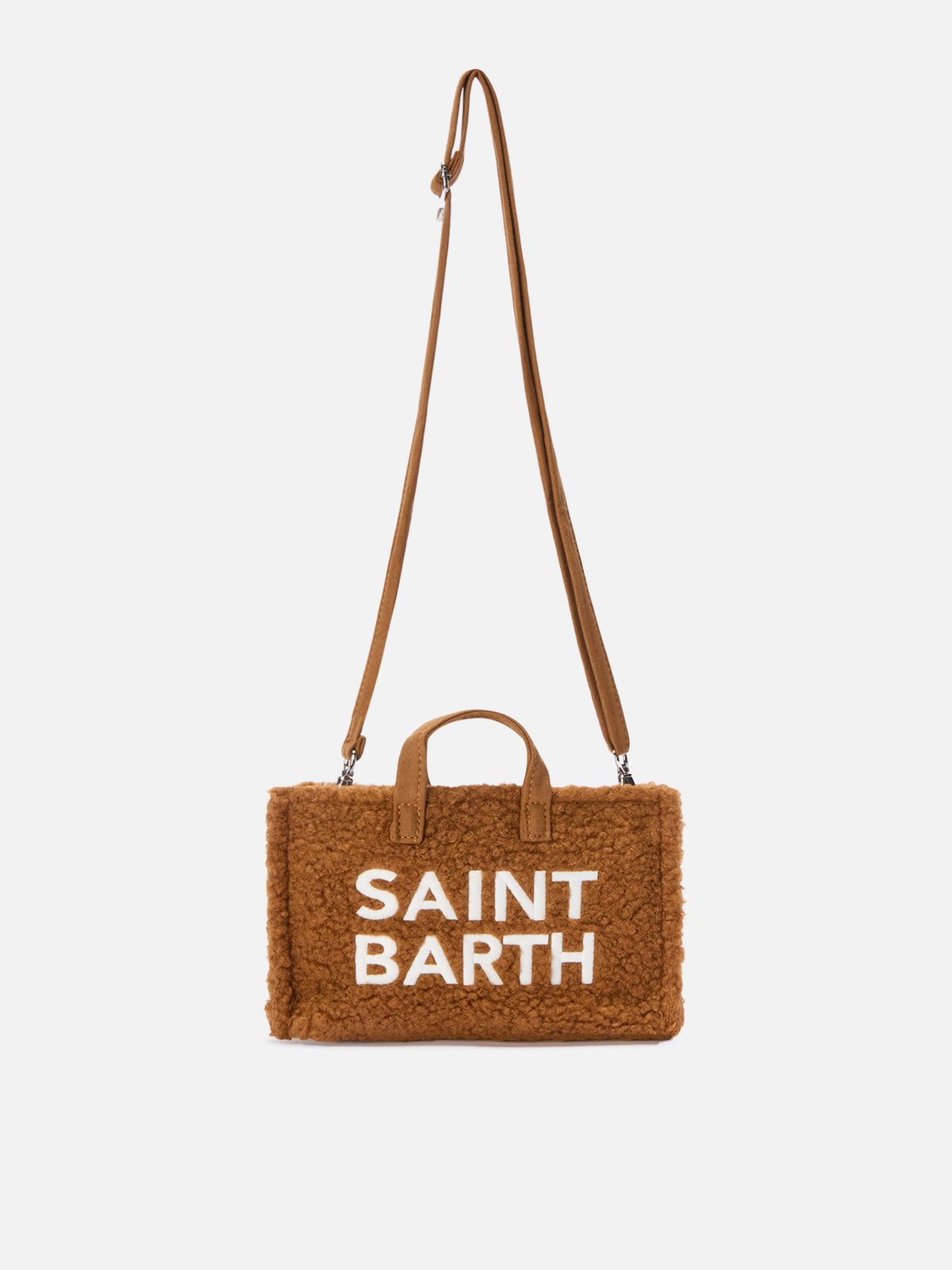 Braune Phone Bag aus Teddy-Stoff mit Logostickerei 
