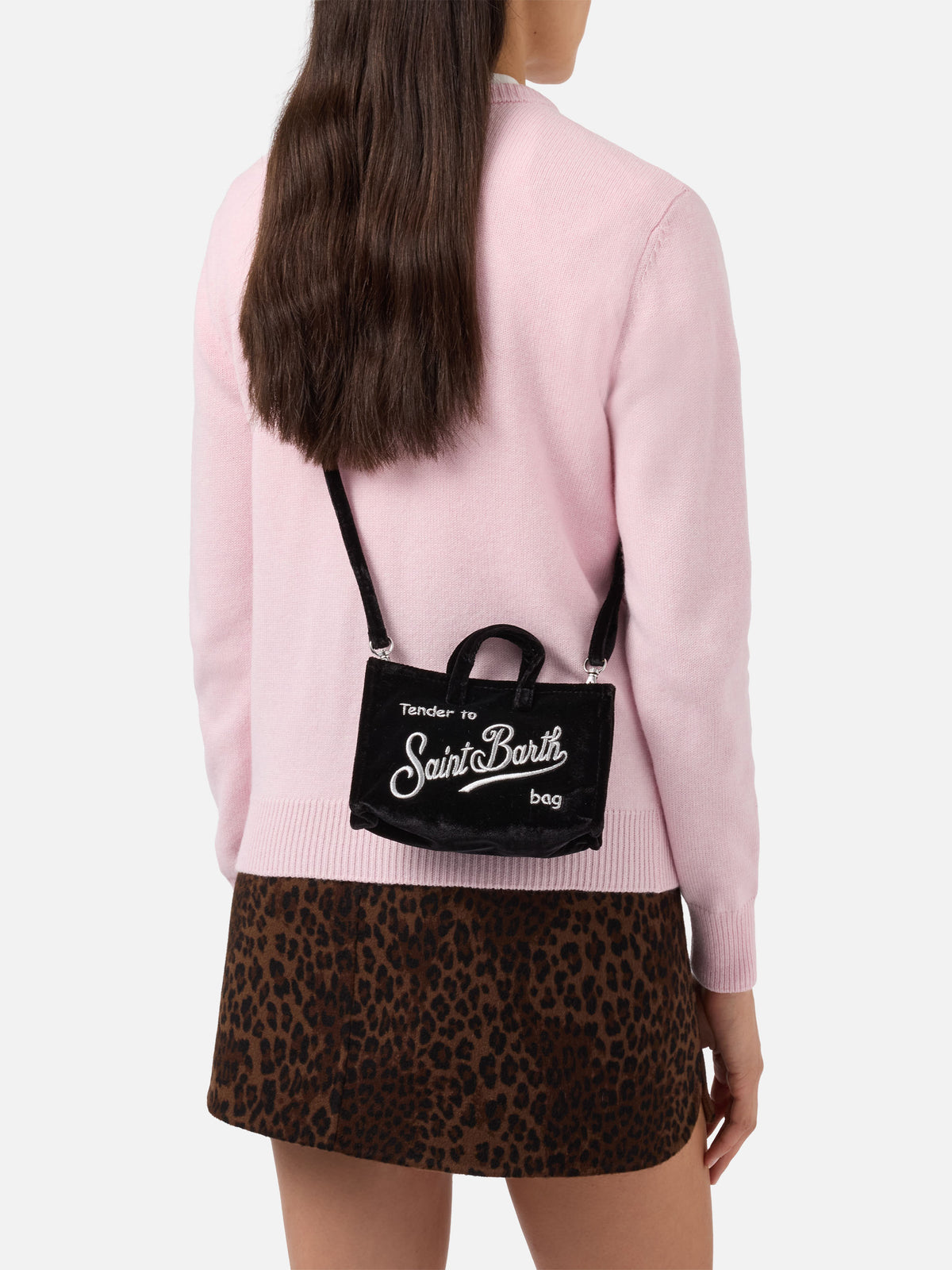 Schwarze Phone Bag aus Samt mit Logostickerei 