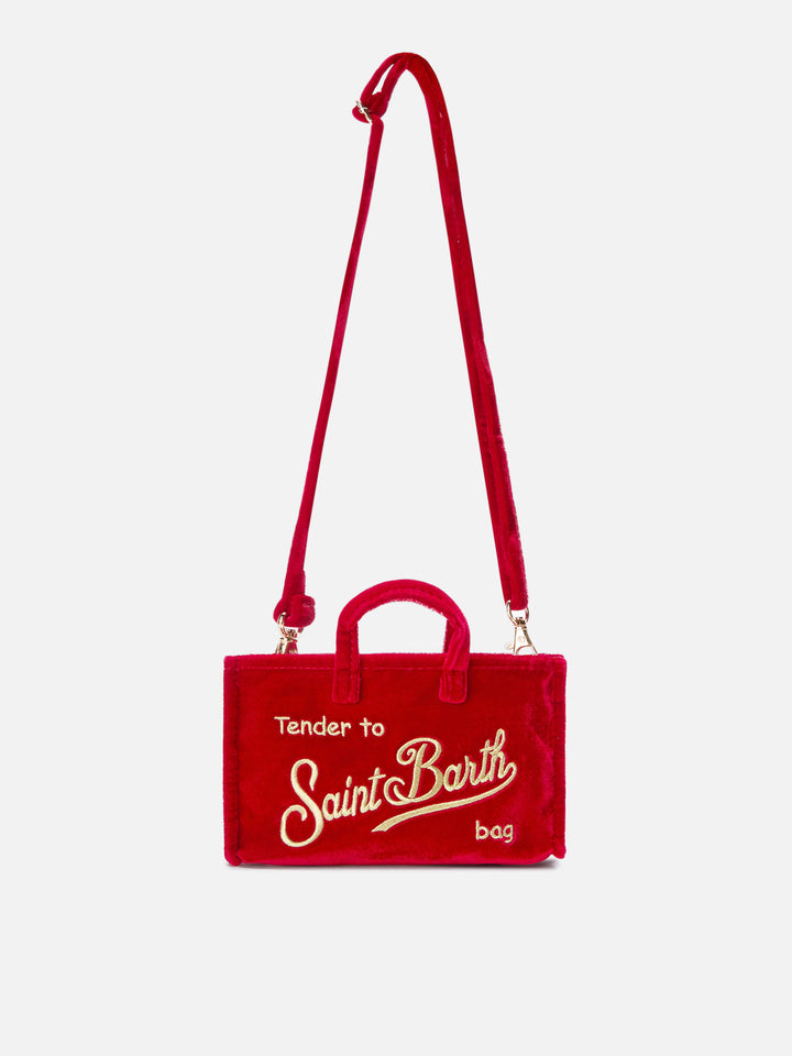 Bolso para teléfono rojo en terciopelo con bordado del logo 