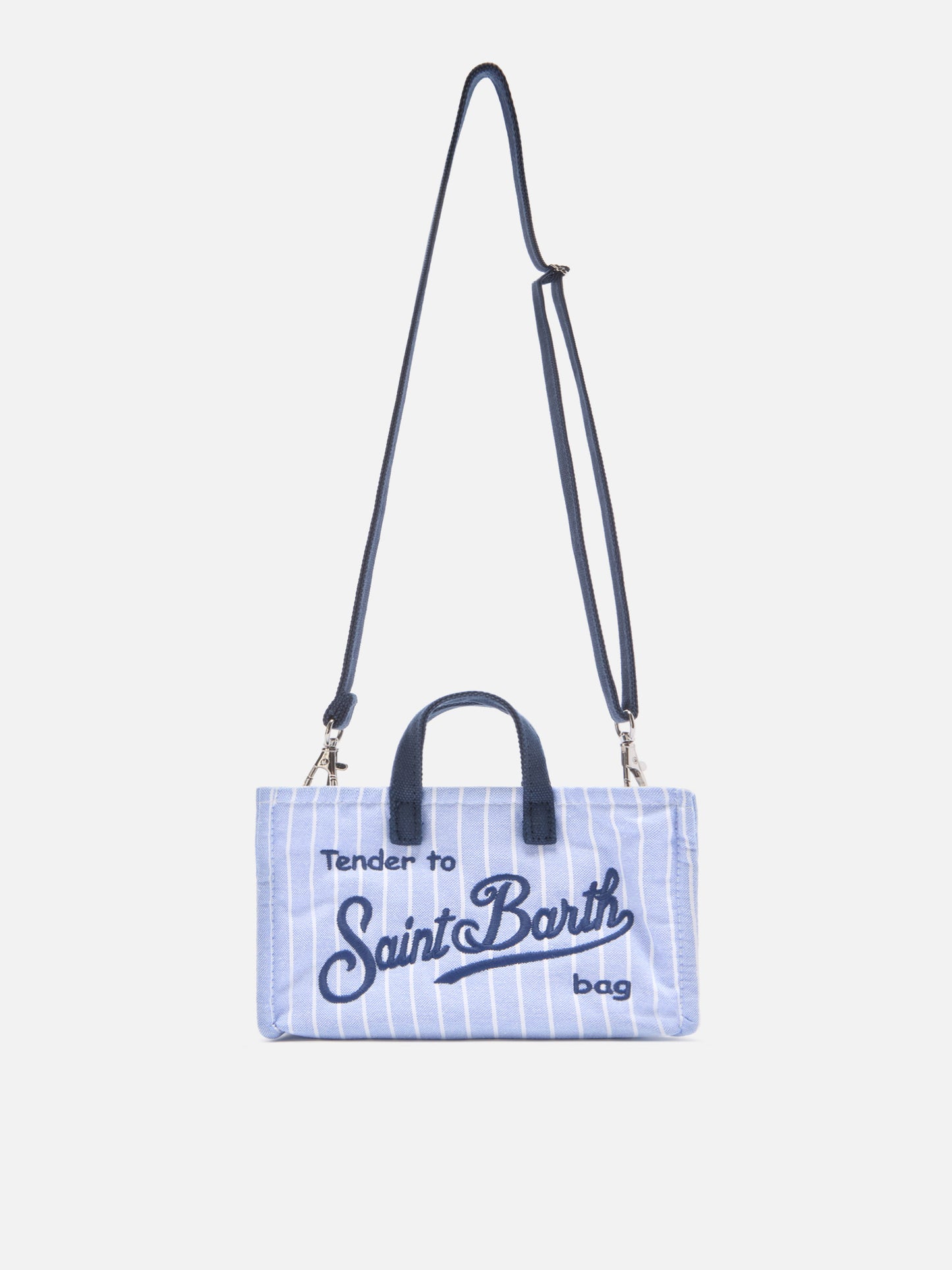 Micro Phone canvas bag with white and light blue stripes and contrasting logo