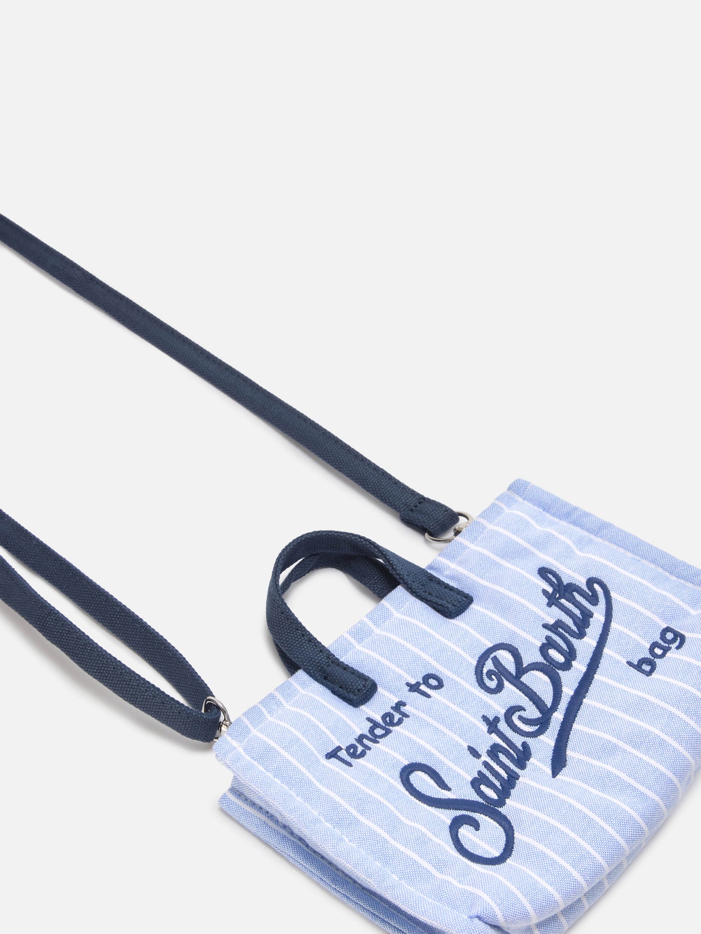 Micro Phone canvas bag with white and light blue stripes and contrasting logo