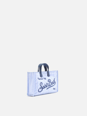 Micro Phone canvas bag with white and light blue stripes and contrasting logo