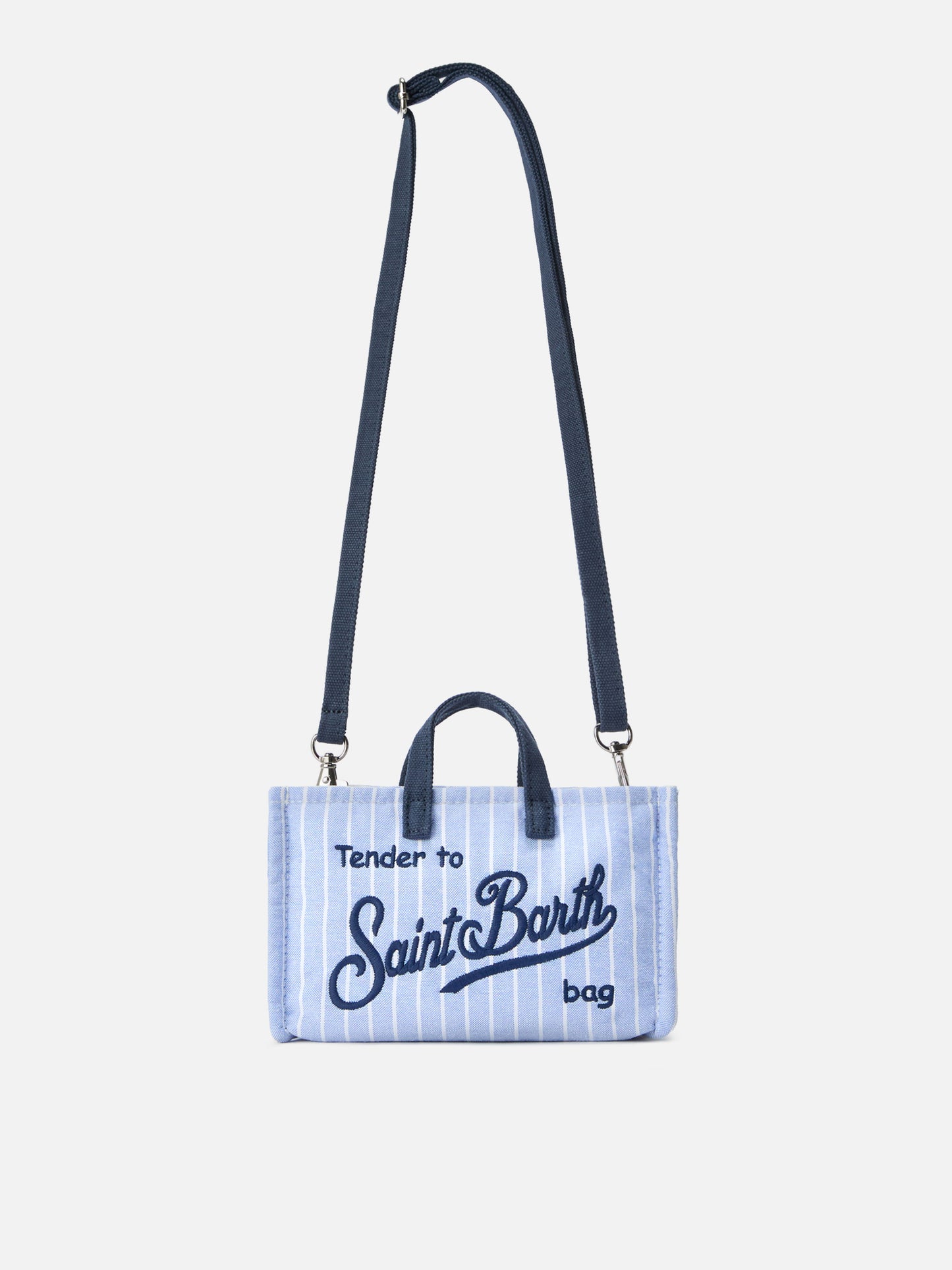 Borsa Phone micro in canvas a righe bianche e azzurre con logo a contrasto