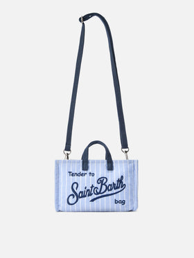 Borsa Phone micro in canvas a righe bianche e azzurre con logo a contrasto