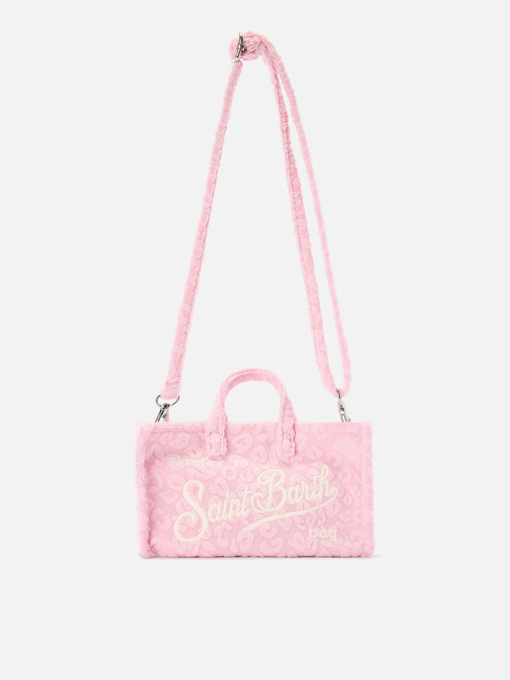 Borsa Phone micro effetto spugna con fantasia leopardata in rilievo