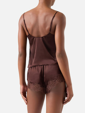 Set Pilar top e shorts marrone scuro con pizzo