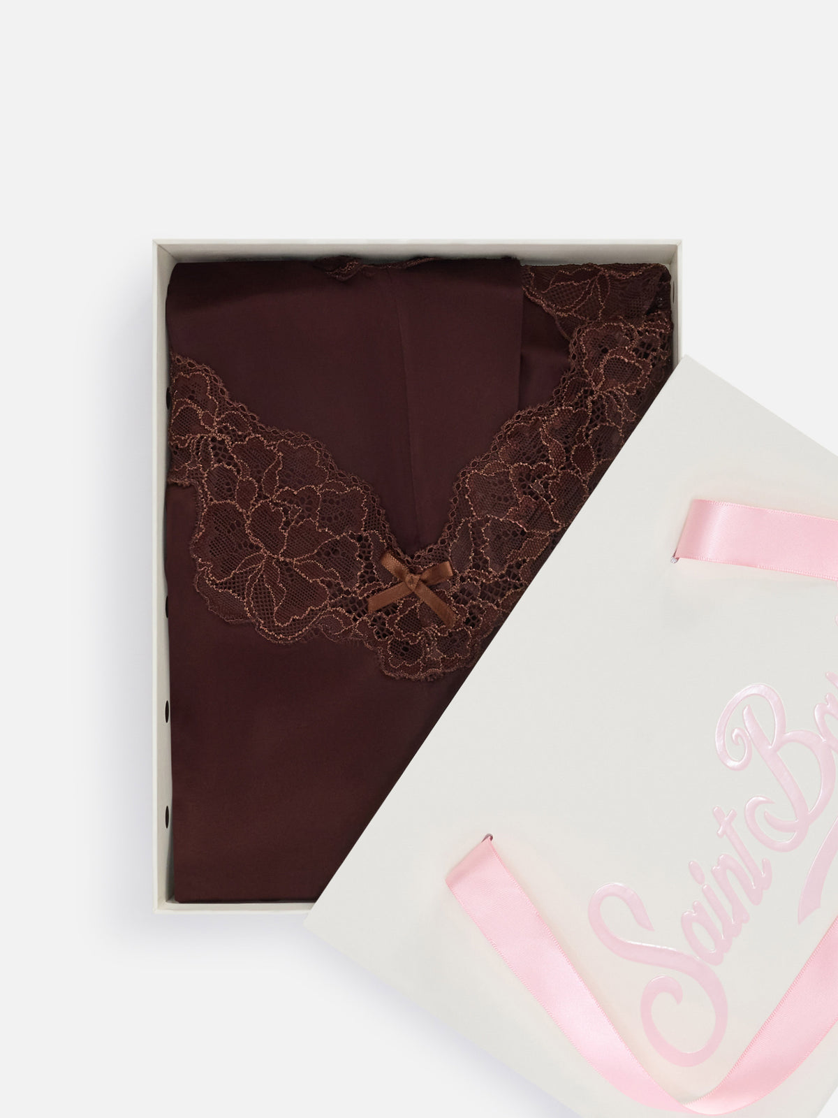 Set Pilar top e shorts marrone scuro con pizzo