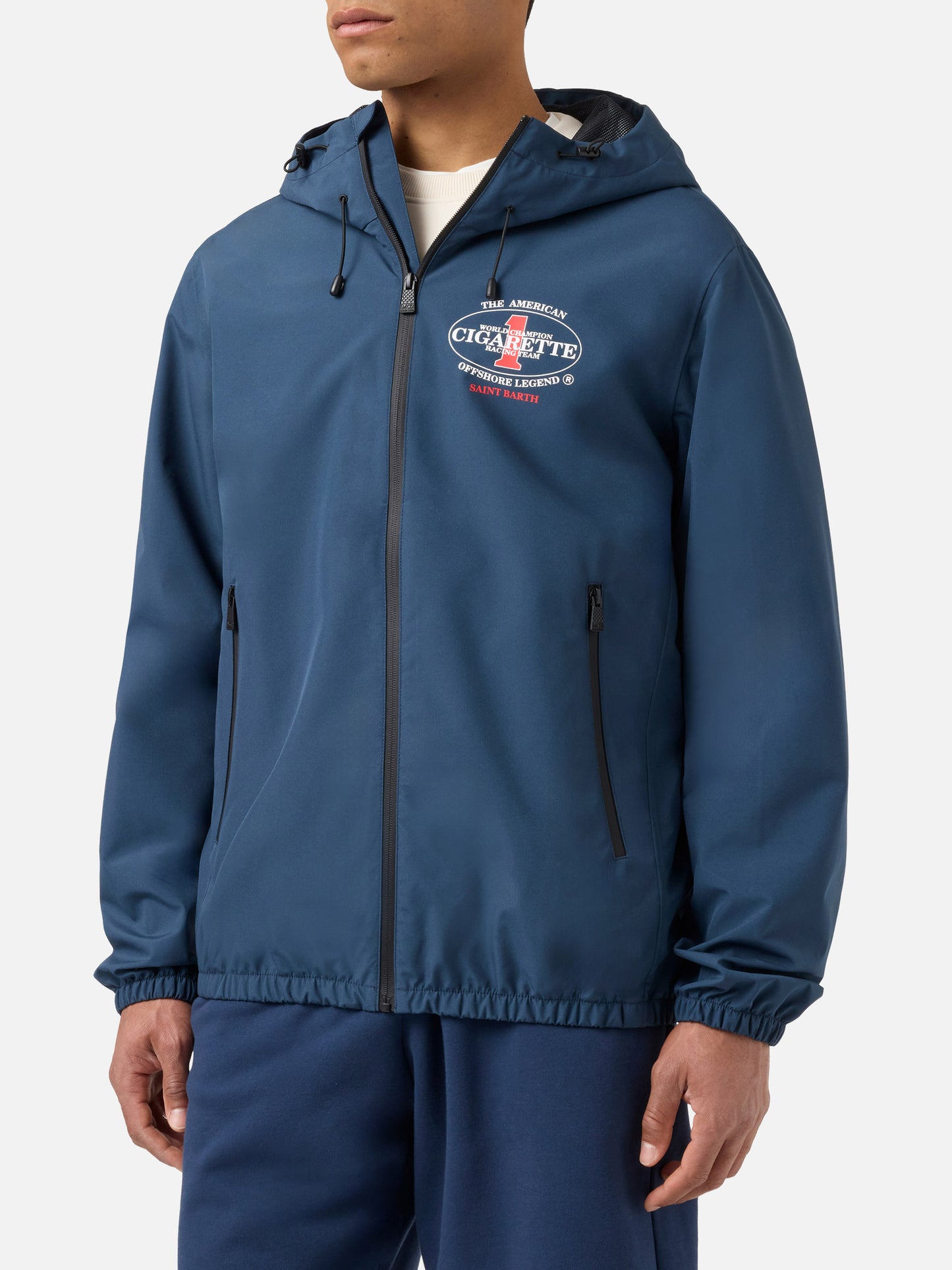 Giacca Pilot blu navy in tessuto tecnico con stampa Cigarette | Special Edition