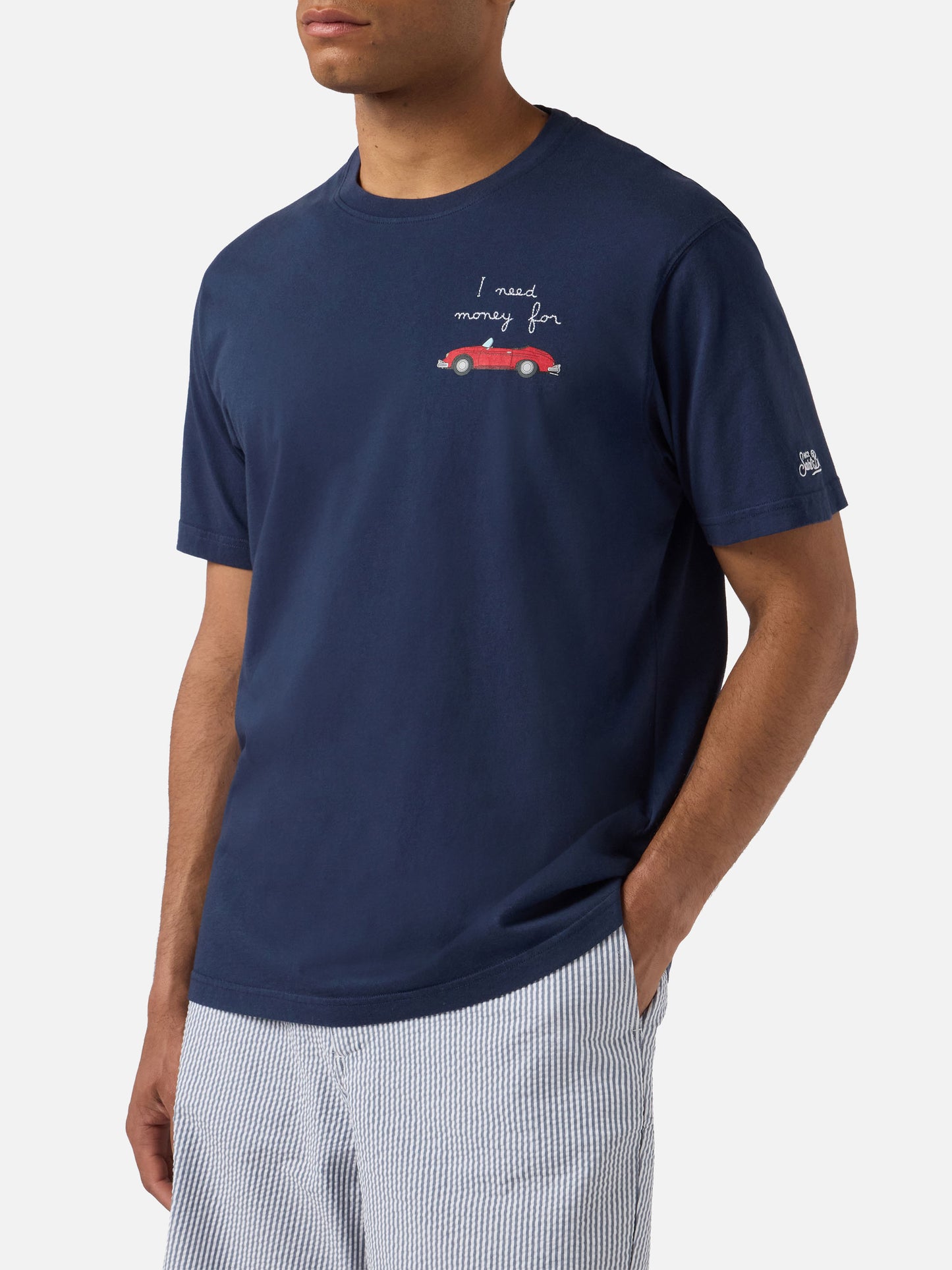 T-shirt Portofino blu navy con ricamo auto e scritta I need money for