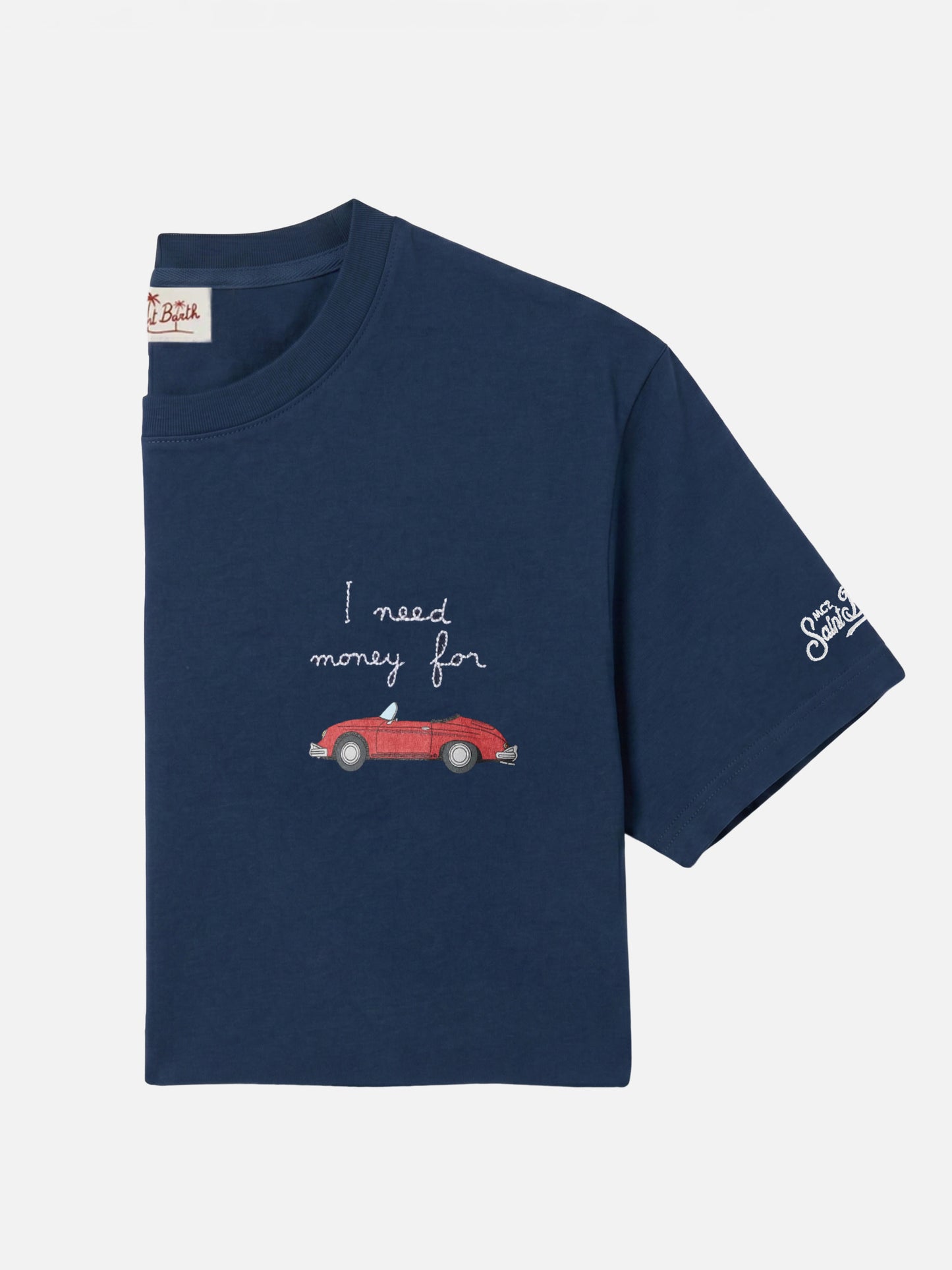 T-shirt Portofino blu navy con ricamo auto e scritta I need money for