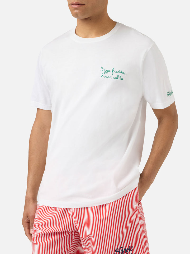 T-shirt Portofino bianca con ricamo Pizza Fredda Birra Calda