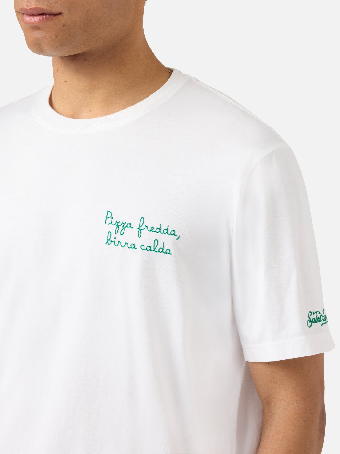 White Portofino T-shirt with Pizza Fredda Birra Calda embroidery