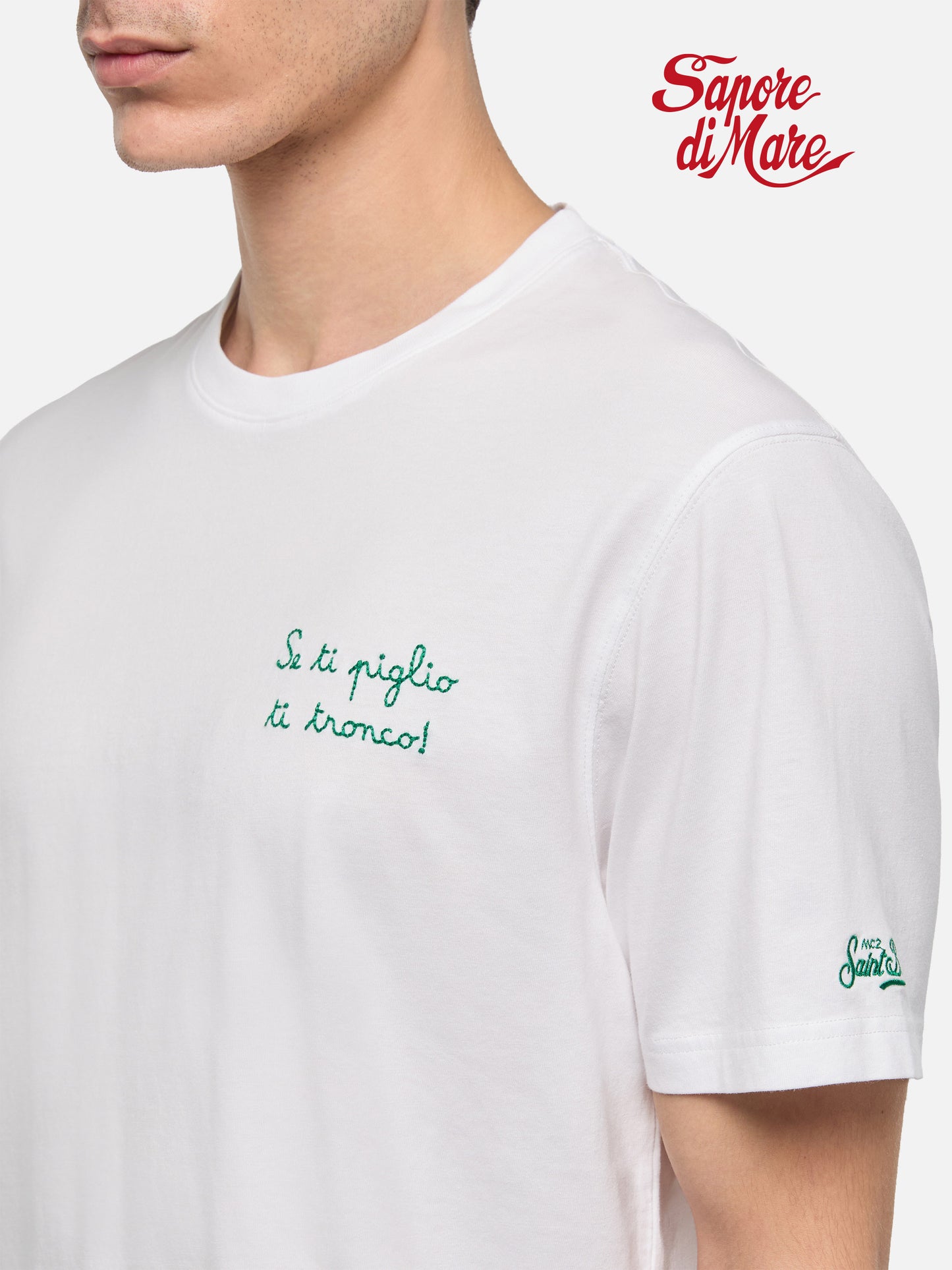 Klassisches T-Shirt aus Baumwolljersey „Portofino“ mit „Se ti piglio ti tronco!“ Stickerei |SAPORE DI MARE SONDEREDITION