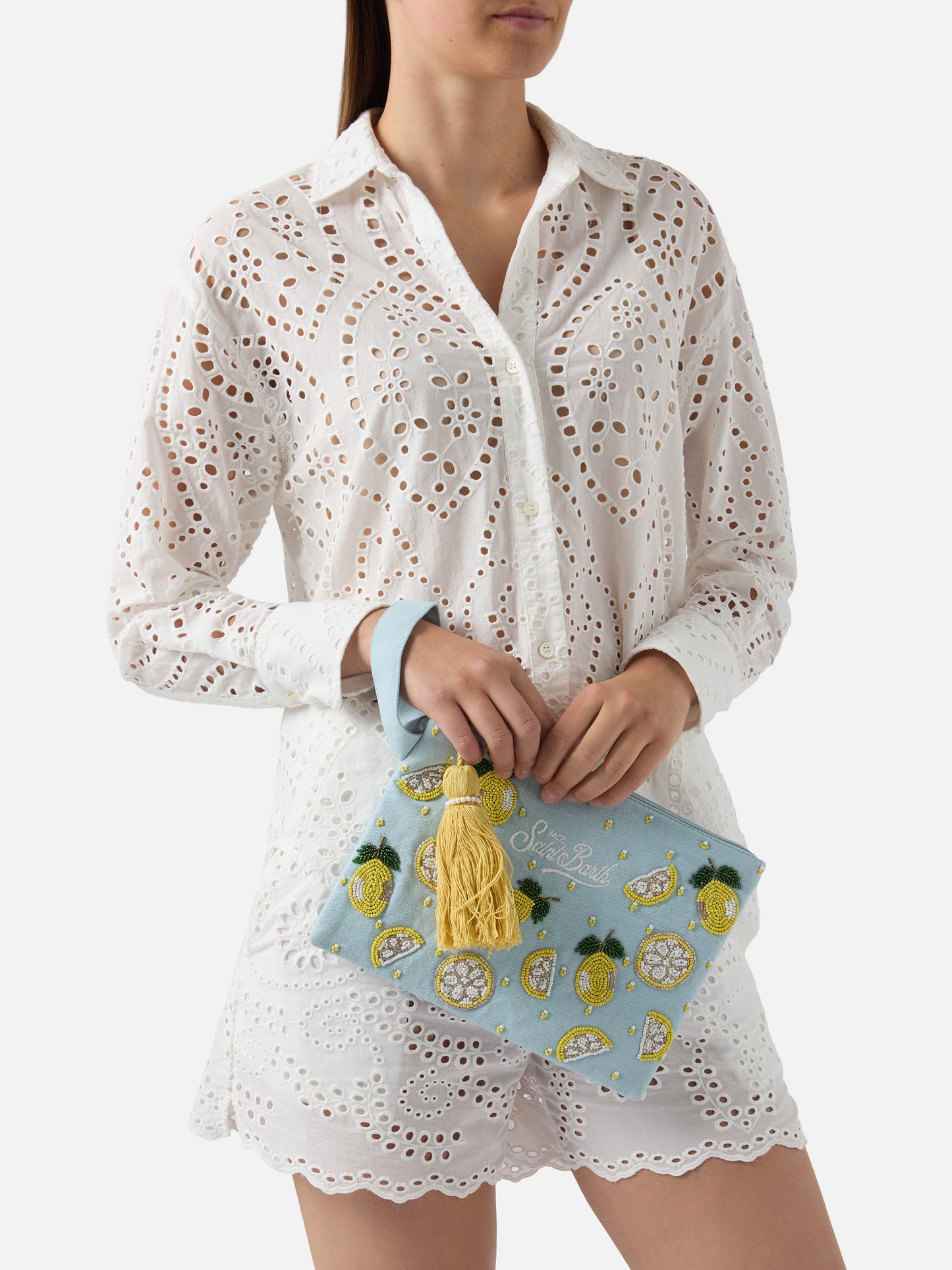 Pouch Pearl azzurra con limoni in perline