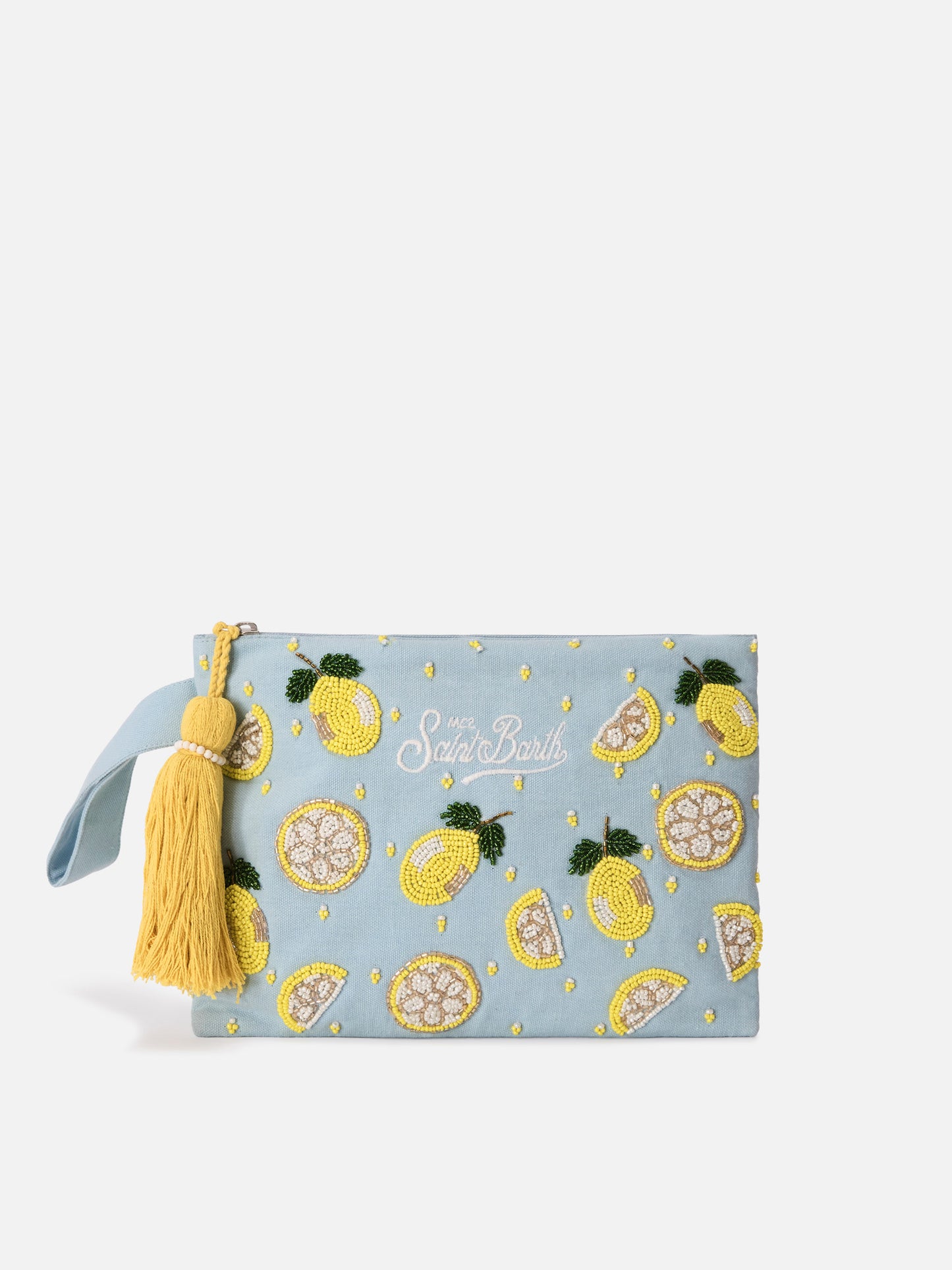 Pouch Pearl azzurra con limoni in perline