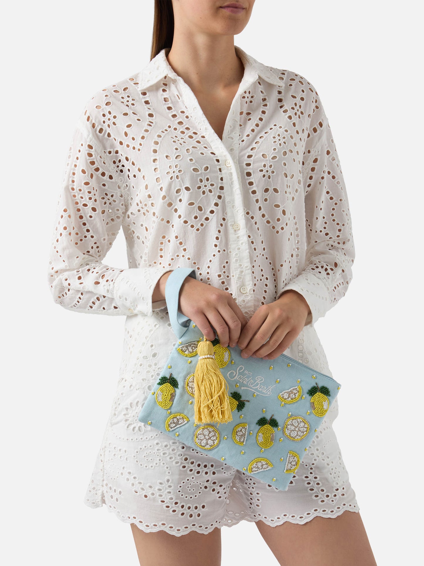 Pouch Pearl azzurra con limoni in perline