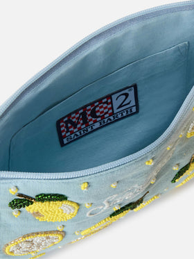 Pouch Pearl azzurra con limoni in perline