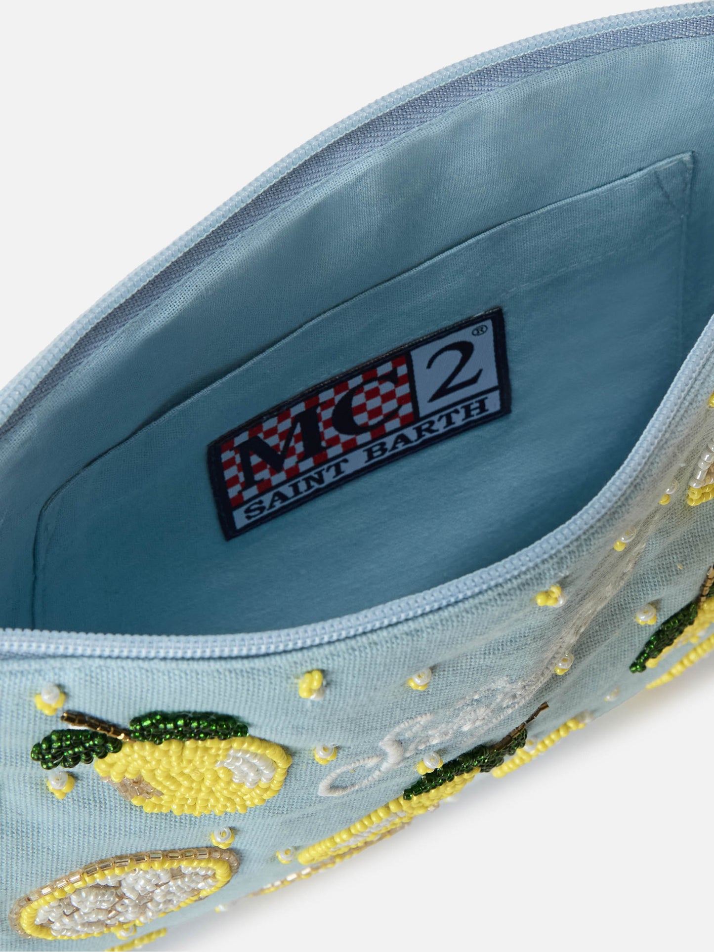 Pouch Pearl azzurra con limoni in perline