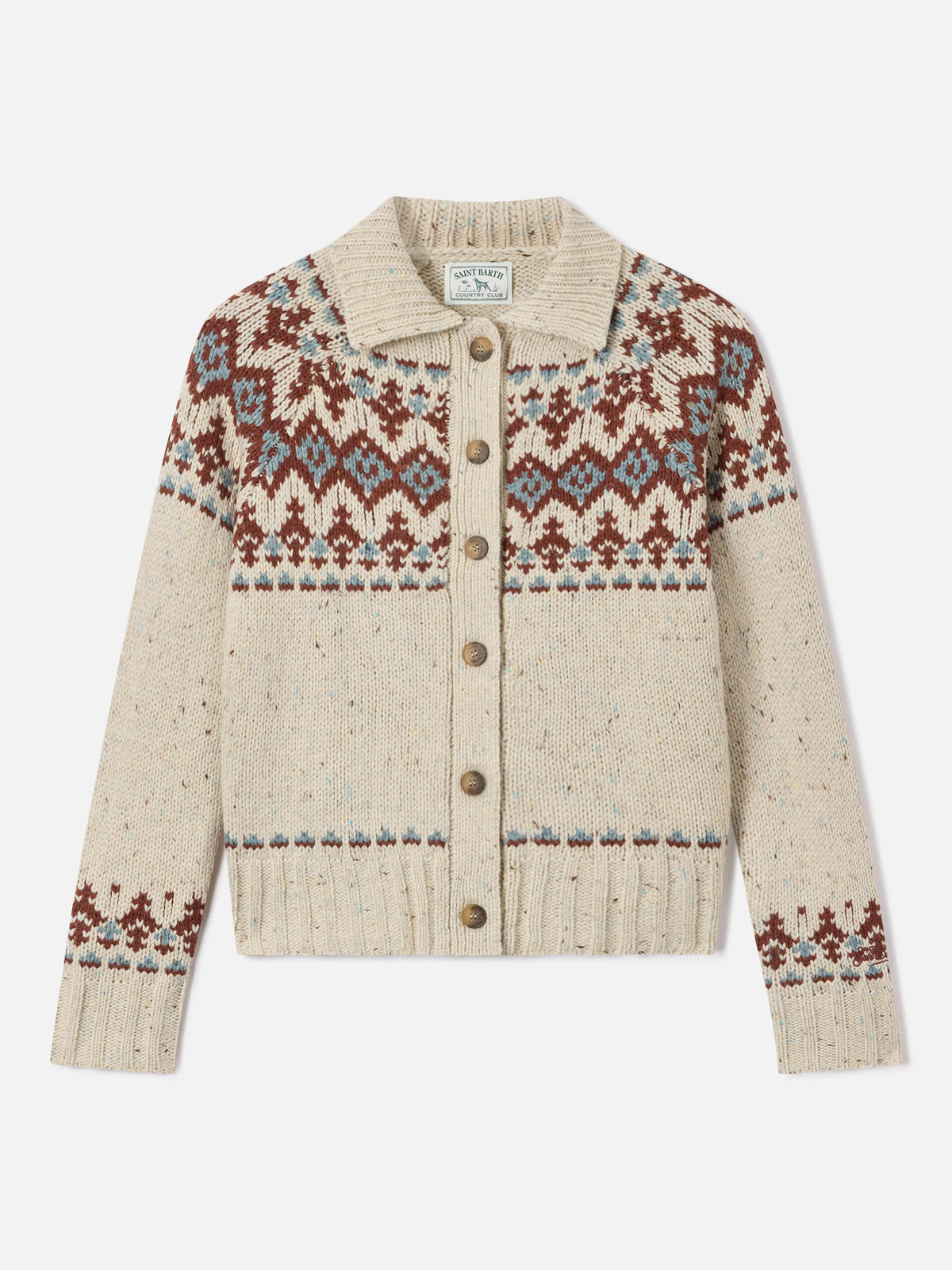 Patty Donegal wool blend cardigan with fair isle pattern