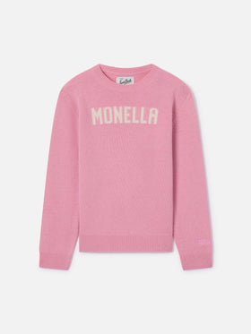 Maglione Princess girocollo rosa con lettering Monella