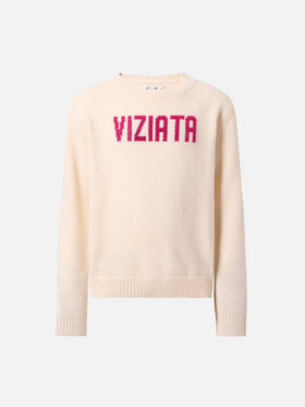 Princess cashmere-blend crewneck with Viziata rhinestone appliqué
