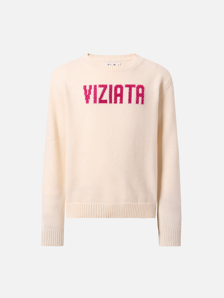 Princess cashmere-blend crewneck with Viziata rhinestone appliqué