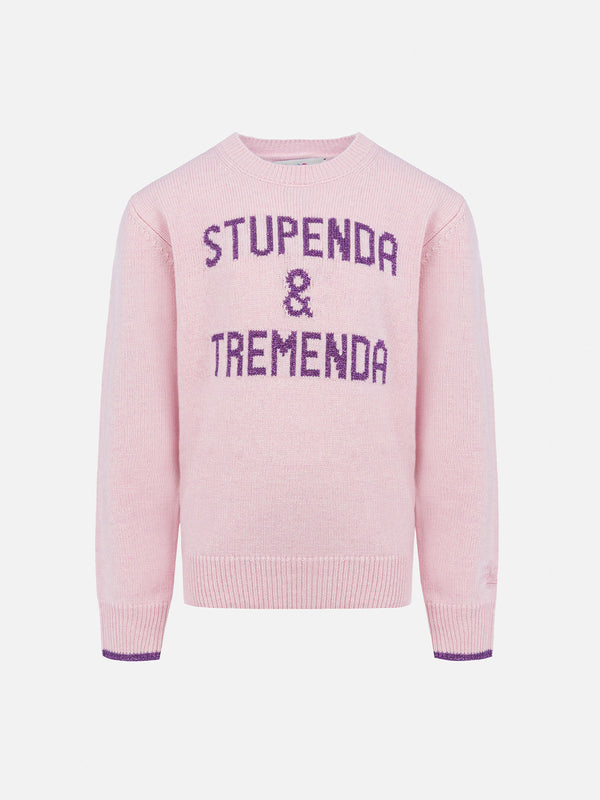 Girl pink crewneck sweater Princess with Stupenda & Tremenda lurex print