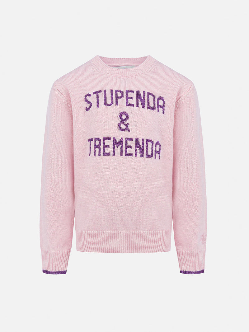 Maglione girocollo rosa da bambina Princess con stampa lurex Stupenda & Tremenda