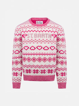 Girl fair-isle crewneck sweater Princess with St. Barth rhinestones logo - MC2 Saint Barth