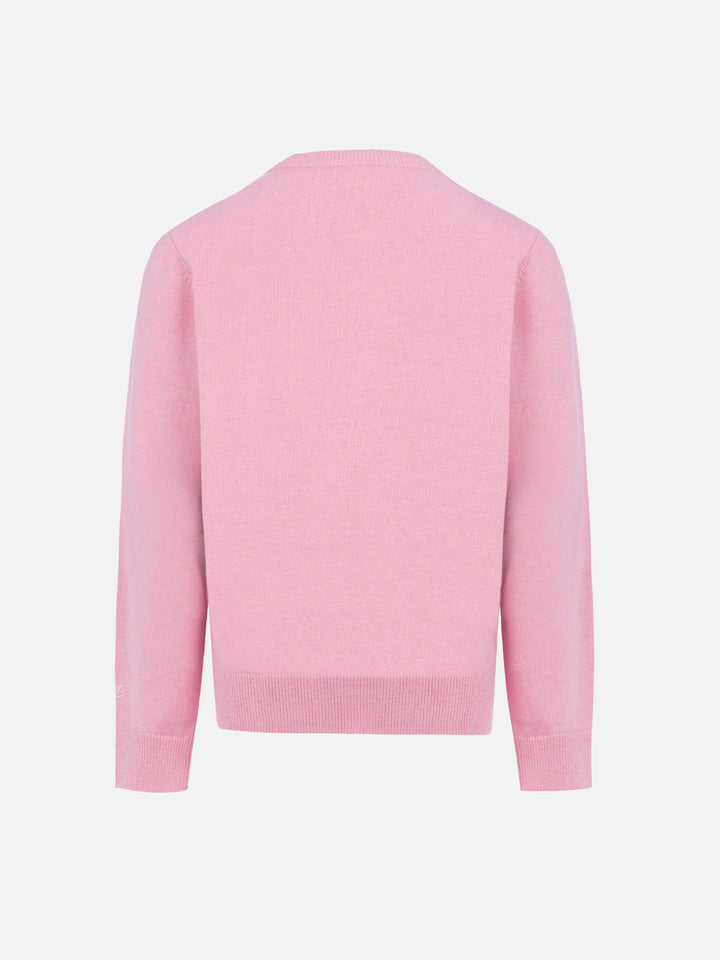 Girl pink crewneck sweater Princess with Courma postcard print - MC2 Saint Barth