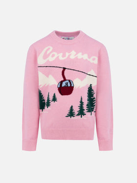 Girl pink crewneck sweater Princess with Courma postcard print - MC2 Saint Barth
