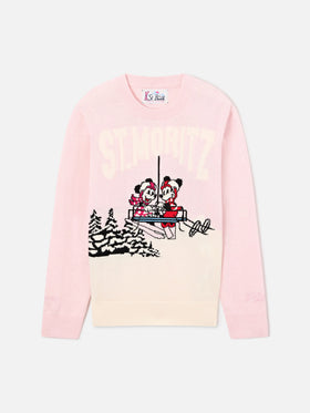 Rosa Princess Rundhals-Strickpullover mit St. Moritz Minnie und Mickey Mouse Intarsienmotiv | Special edition 