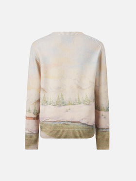 Girocollo Princess bianco con stampa montagna e ricamo Dreamland