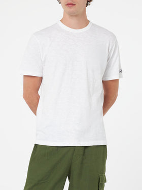 T-shirt Man President in cotone fiammato bianca con ricamo