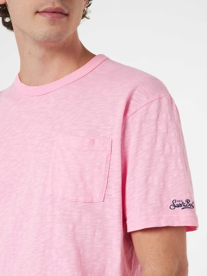 Mc2 Saint Barth T-shirt da uomo President in cotone fiammato rosa con ricamo