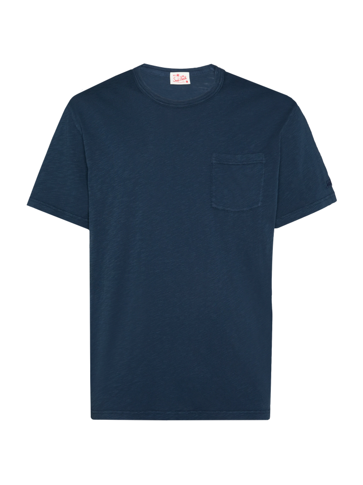 Marineblaues geflammtes Baumwoll-T-Shirt President mit Stickerei